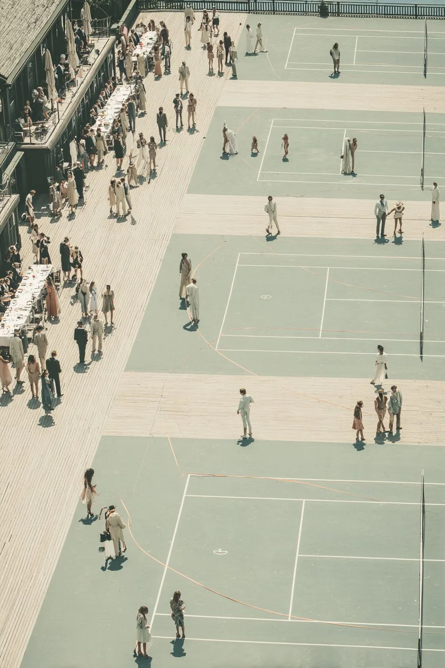 Tennis courts seen from above, members playing and gathering
