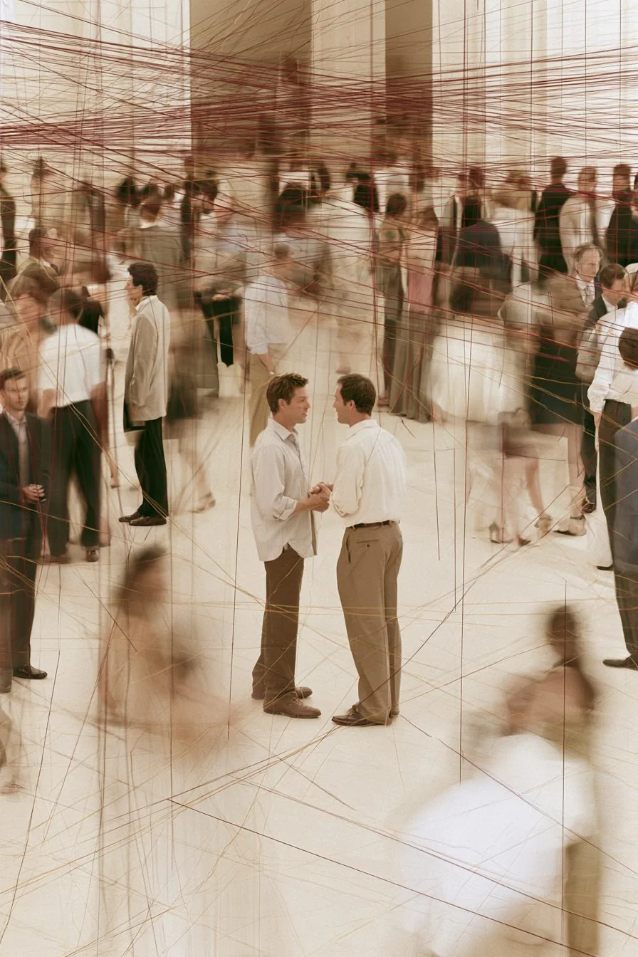 Two members introduced in a pale hall, gold threads drawn through the crowd
