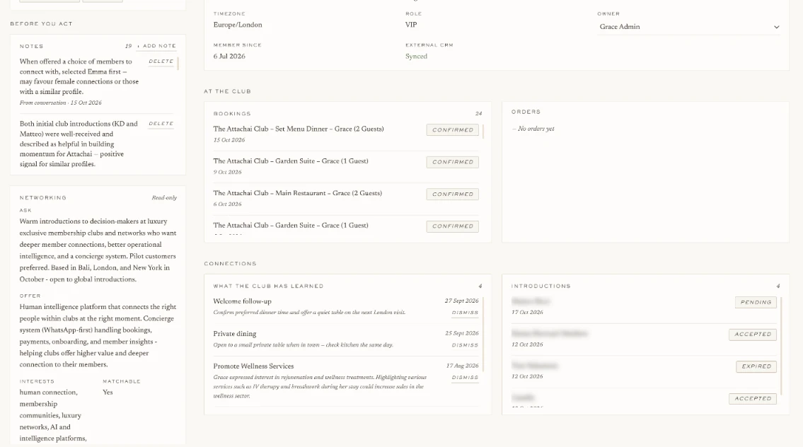 The same profile further down: what the member asks for and offers, what the club has learned, and introductions with their status.